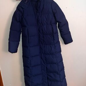 L.L. Bean XS Petite Long Lebgth Dark Blue Puffer Jacket Fur Trim Hood